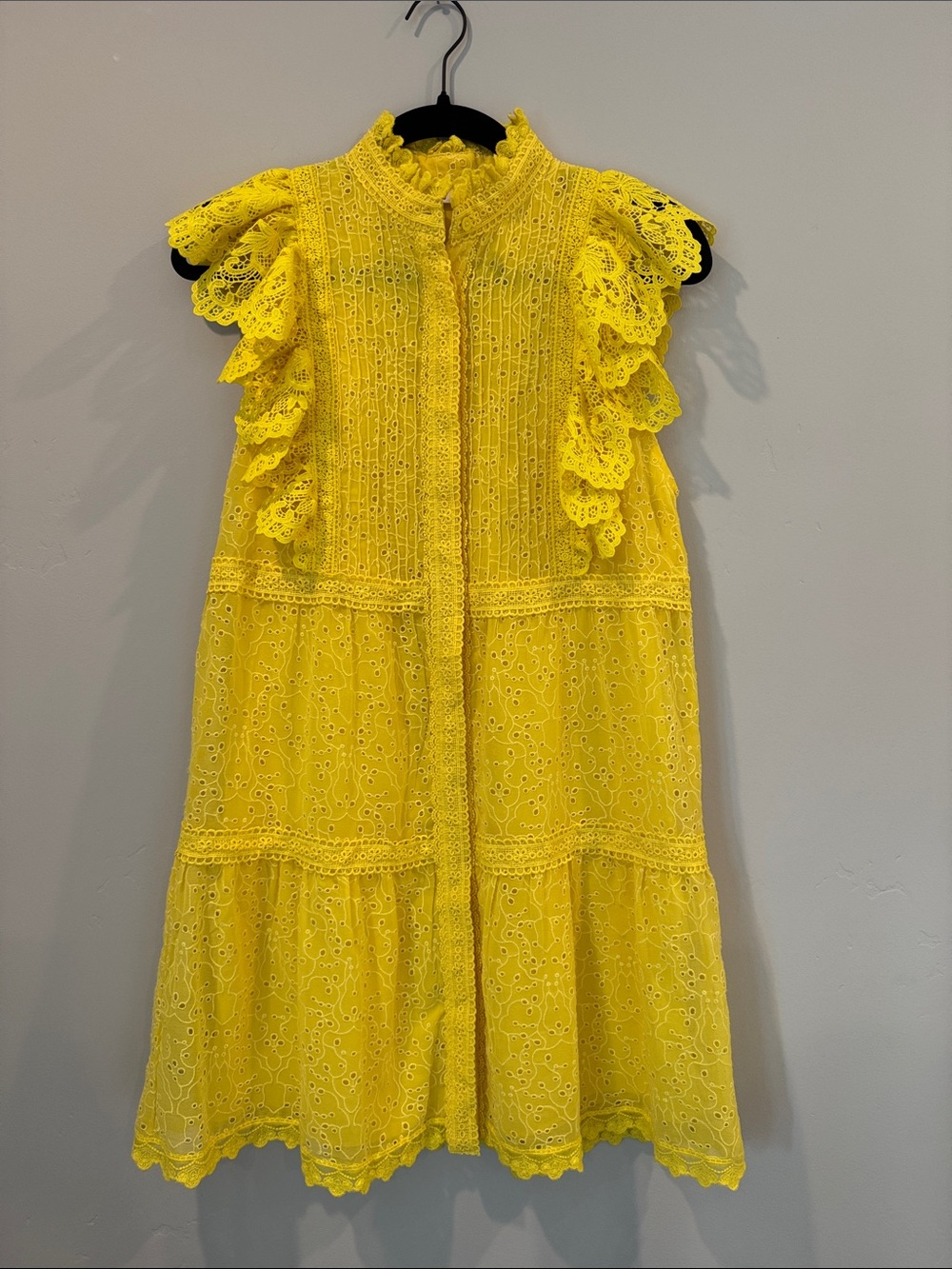 Alice + Olivia Bright Yellow Eyelet Ruffle Mini Dress